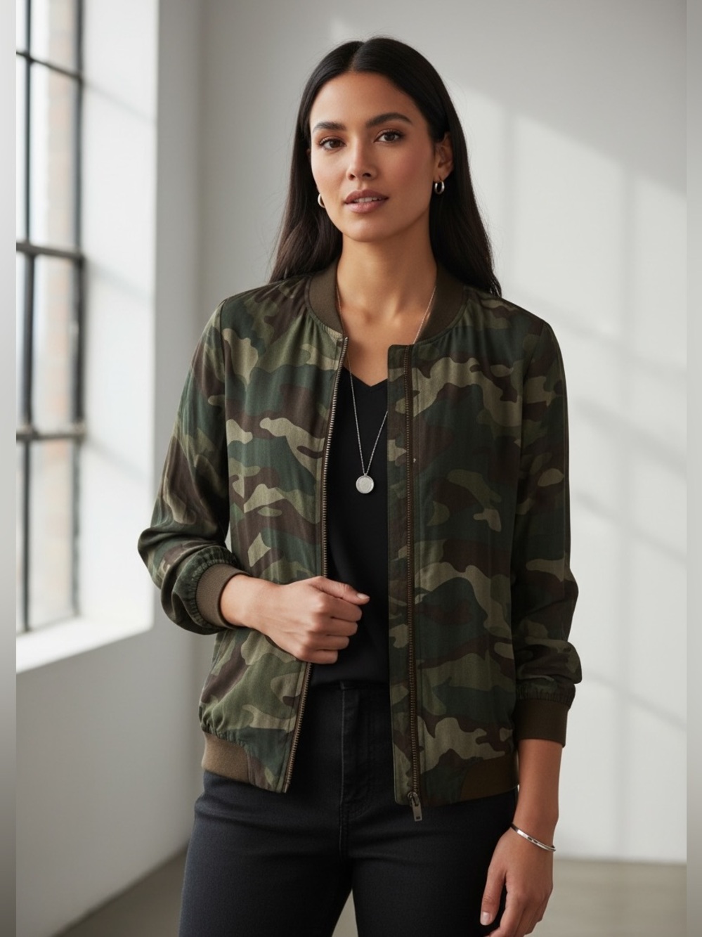 BB Dakota M Invisibility Mode Bomber green camo light weight center zip jacket